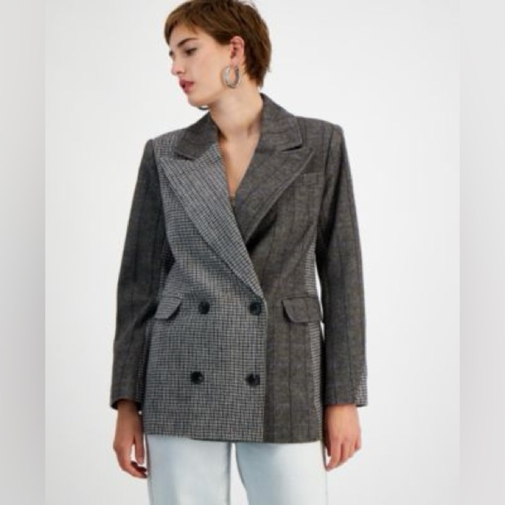 Avec Les Filles Women's Mixed-Print Wool Double Breasted Blazer XS